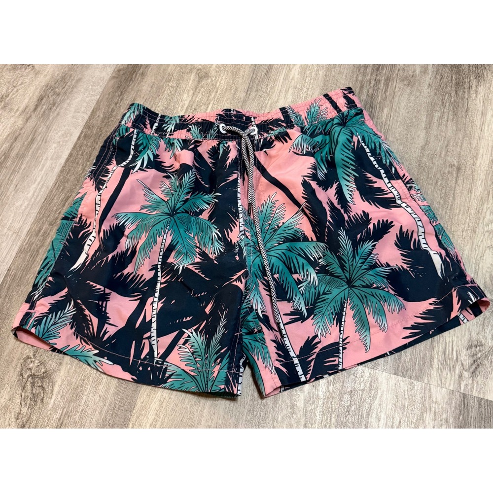 Maamgic Mens Swim Trunks Pink Teal Palm Tree Print Mesh Lined Size Small